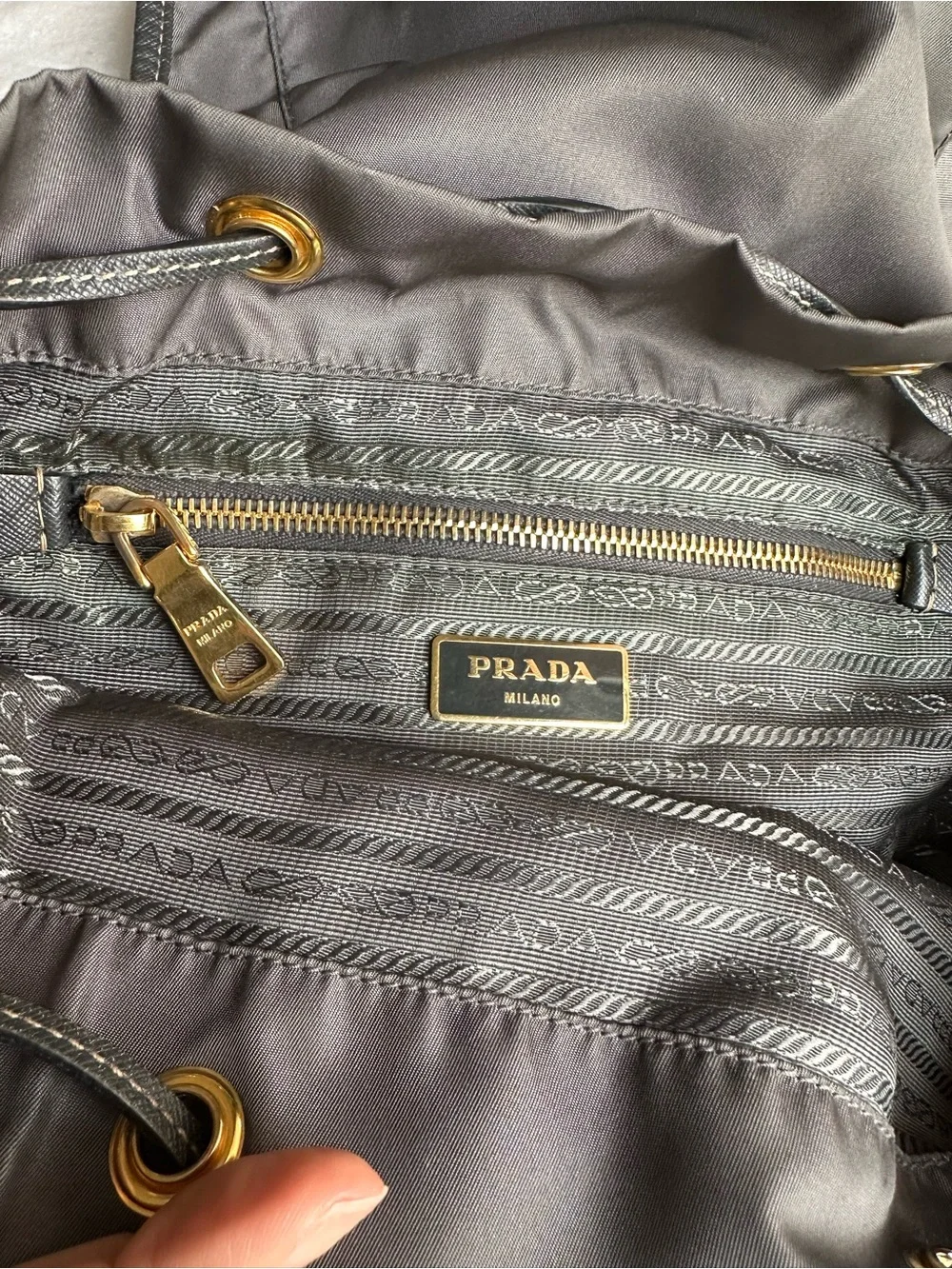 Prada Gray Nylon Drawstring Backpack with Gold Hardware